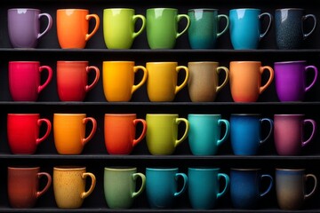 Aufkleber - Colorful collection of mugs displayed on shelves in a well-lit setting at a local artisan shop during the afternoon