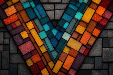 Poster - Colorful mosaic artwork featuring geometric patterns in vibrant shades displayed on a textured wall