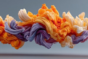 Poster - Colorful swirling fabric strands create an abstract and vibrant visual artwork in a soft background