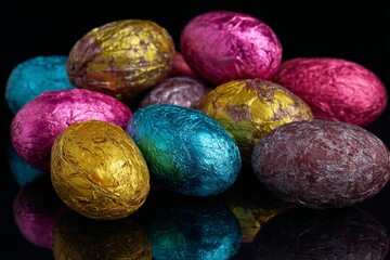 Poster - Colorful foil-wrapped chocolate eggs arranged beautifully for festive celebrations during springtime