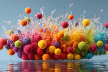 Poster - Colorful spheres create a vibrant splash in still water during vibrant art activity