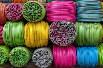 Poster - Colorful coils of plastic tubing stacked neatly in a marketplace during daylight hours