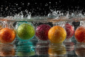 Poster - Colorful fruit splashes in water create visual delight and excitement in dynamic still life arrangement