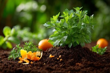 Aufkleber - Fresh herbs and citrus peels create a vibrant garden scene in a warm, inviting environment showcasing organic growth at midday