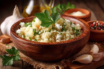 Poster - Delicious couscous with herbs and garlic served in a wooden bowl on a rustic table