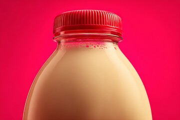 Poster - Creamy beverage in a bottle with a vibrant red cap against a pink background