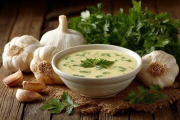 Poster - Garlic soup with fresh cilantro on rustic wooden table