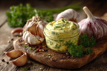 Poster - Homemade herb-infused garlic butter served with fresh garlic and parsley on a rustic wooden cutting board
