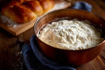 Poster - Freshly made creamy ricotta cheese in a wooden bowl with warm bread in the background