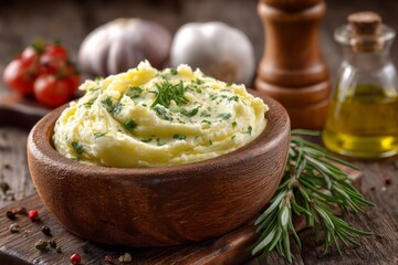 Poster - Creamy garlic herb mashed potatoes served in a rustic wooden bowl with fresh herbs and spices on a wooden table