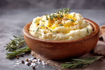 Poster - Delicious creamy mashed potatoes topped with herbs in a wooden bowl on a rustic table