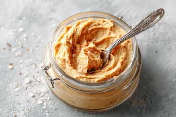 Poster - Creamy peanut butter with a smooth texture served in a glass jar on a gray background