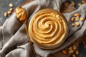 Poster - Creamy peanut butter in a glass jar with a gold spoon resting beside it and scattered peanuts on a textured background