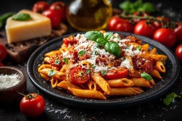 Poster - Delicious penne pasta with fresh tomatoes and basil prepared in a cozy kitchen setting