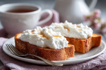 Poster - Delicious toast with cream cheese and honey served with tea on a cozy table setting