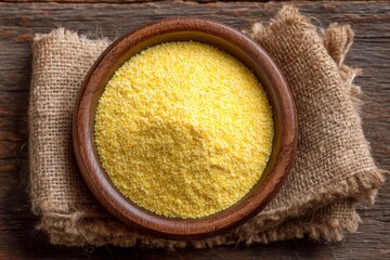Aufkleber - Yellow cornmeal in a wooden bowl on a textured burlap surface