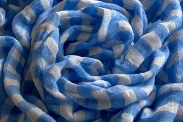 Poster - Fabric close-up displaying blue and white checkered pattern in soft texture highlighting intricate details and design elements