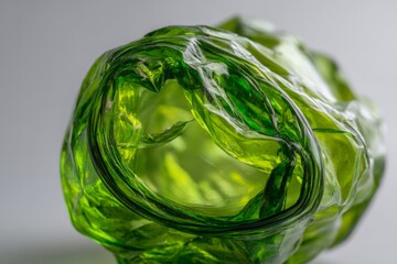 Poster - Unique close-up of a crumpled green plastic container highlighting texture and color variations during natural light