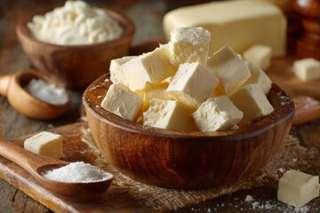 Poster - Freshly cut butter cubes arranged in a wooden bowl on a rustic kitchen table