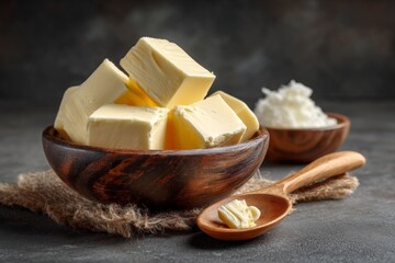 Poster - Butter cubes arranged in a wooden bowl next to a small bowl of cream on a rustic table in a dimly lit kitchen