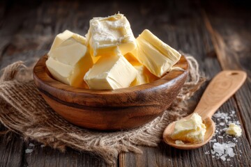 Poster - Butter cubes in a wooden bowl arranged on rustic fabric with a spoon nearby at a cozy kitchen setting