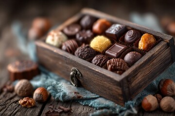 Poster - Delicious assortment of handcrafted chocolates displayed in a rustic wooden box with nuts on a textured fabric background