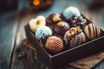 Aufkleber - Gourmet chocolate truffles displayed in an elegant box on a rustic wooden table during a cozy gathering