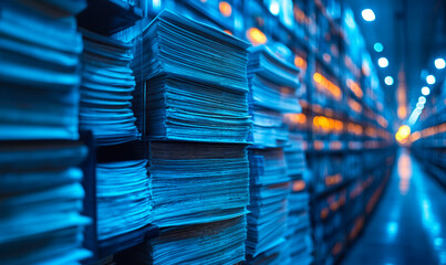 Poster - Rows of stacked paper documents in archive storage warehouse with deep perspective and blue lighting showing data management and organization concept in office environment