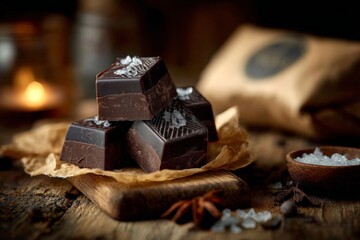 Aufkleber - Delicious dark chocolate squares with sea salt on a rustic wooden table in a cozy setting