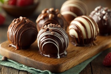 Poster - Decadent handmade chocolate truffles displayed on a wooden board with garnishes in a cozy setting
