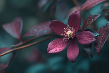 Aufkleber - Beautiful dark red flower with dew glistening in morning light against a blurred green background
