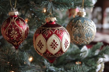 Poster - Colorful ornaments hang on a Christmas tree decorated for the holiday season in a cozy indoor setting