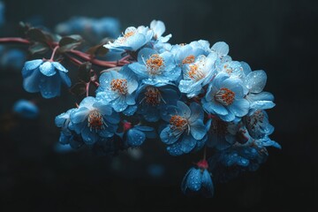 Aufkleber - Beautiful blue flowers covered in dew create a serene atmosphere in a garden during early morning hours