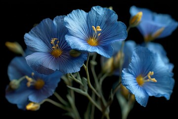 Aufkleber - Blue flowers with delicate petals showcasing vibrant yellow centers on a dark background