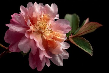 Aufkleber - Delicate pink flower blossom captured against a dark background showcasing vibrant petals and lush green leaves in spring