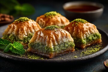 Poster - Delicious baklava with layers of flaky pastry and pistachios served on a dark plate with mint garnish