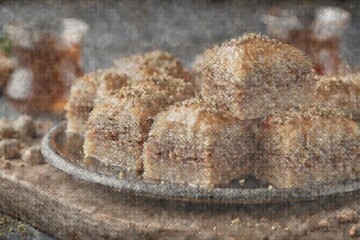 Poster - Delicious dessert platter featuring freshly made baklava served with sweet tea in a cozy setting
