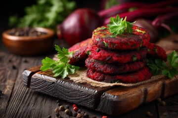 Poster - Delicious beetroot patties served on a rustic wooden board with fresh herbs on a dark table