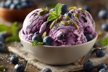 Poster - Delicious blueberry mint ice cream served in a bowl with fresh blueberries and pumpkin seeds on a wooden table