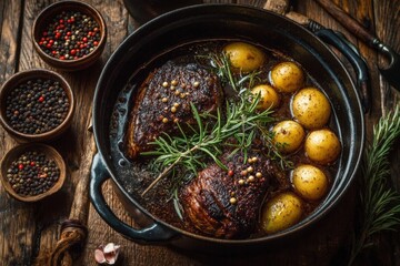 Aufkleber - Savory slow-cooked beef with herbs and potatoes in rustic kitchen at twilight