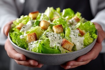 Poster - Freshly prepared salad with creamy dressing and crispy croutons served in a bowl by a chef in a kitchen setting