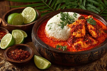 Poster - Spicy chicken dish served with rice and lime on a rustic wooden table