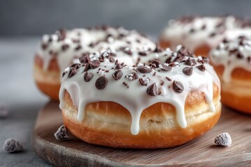 Aufkleber - Delicious chocolate topped donuts on wooden platter with sprinkle toppings