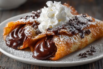Aufkleber - Delicious chocolate-filled crepes topped with whipped cream served on a white plate