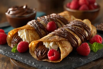 Poster - Delicious crepes filled with cream and chocolate topped with fresh raspberries on a wooden table