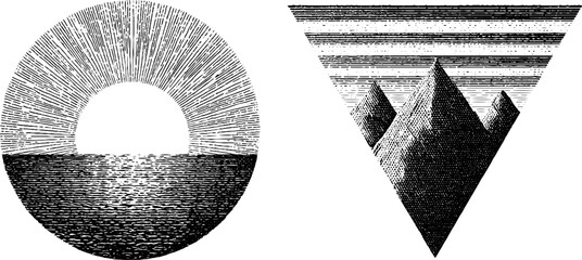 Poster - Vintage engraving of rising sun and geometric landscape scene for artistic design