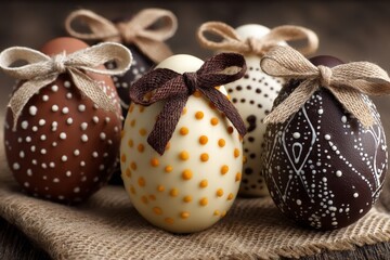 Poster - Colorful chocolate eggs arranged on burlap with decorative bows for a festive celebration