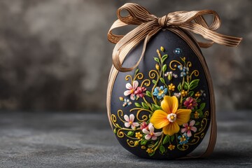 Poster - Beautifully decorated black Easter egg with floral designs and a ribbon on a dark background