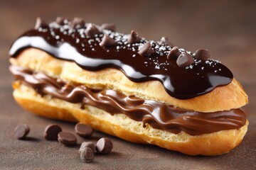 Aufkleber - Delicious chocolate eclair with creamy filling and chocolate glaze served on a wooden table