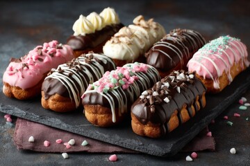 Poster - Colorful desserts displayed on a dark slate board with decorative toppings and cream at a cozy bakery setting